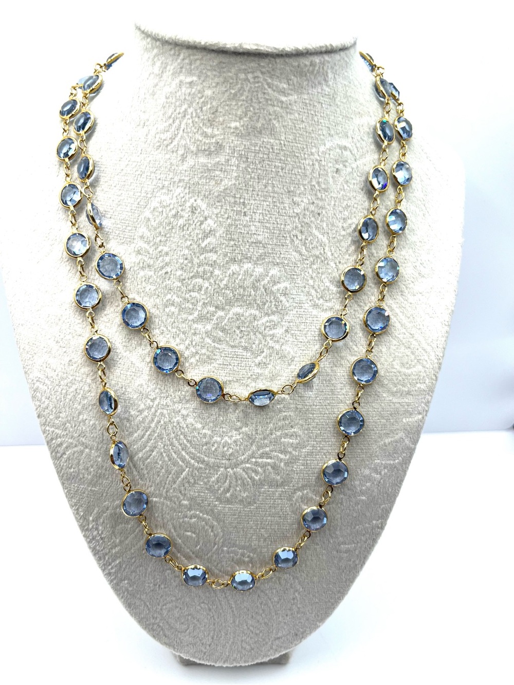 Blue Bezeled Set  Gold Wire Wrapped Light Blue Glass  Necklace
